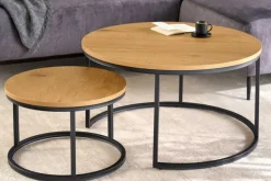 Runde Couchtische 2er Set ELEGANCE 80cm natur Wildeiche Holz-Design schwarzes Metallgestell