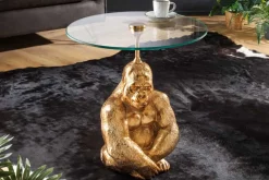 Runder Beistelltisch KONG 50cm gold Metall Glas Affenfigur Gorilla Skulptur