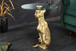 Runder Beistelltisch WILDLIFE PANTHER 60cm gold antik Metall Glas Skulptur handmade