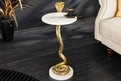 Runder Beistelltisch WILDLIFE COBRA 65cm gold weiß Marmor Schlangen-Skulptur handmade