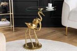 Runder Beistelltisch WILDLIFE CRANE 55cm gold Glas Kranich-Skulptur handmade