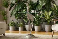 Runder Beistelltisch WILDLIFE HERON 90cm silber Metall Glas Fischreiher Skulptur handmade