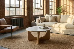 Runder Couchtisch ENSO 80cm weiß Marmor Keramik Eichenholz