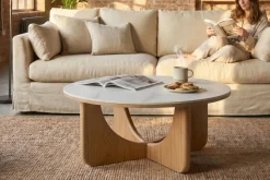 Runder Couchtisch ENSO 80cm weiß Marmor Keramik Eichenholz