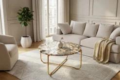 Runder Couchtisch NOBLE 65cm Edelstein Achat abnehmbare Tischplatte goldenes Metallgestell