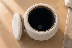 Runder Couchtisch ORBIT 50cm beige Bouclé Hocker mit Tablett und Stauraum