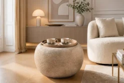 Runder Couchtisch ORBIT 50cm champagner-greige Bouclé Hocker mit Tablett und Stauraum