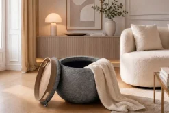 Runder Couchtisch ORBIT 50cm grau Bouclé Hocker mit Tablett und Stauraum