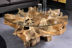 Runder Couchtisch ROOT 100cm natur Teak Massivholz aus Wurzelholz mit Glasplatte
