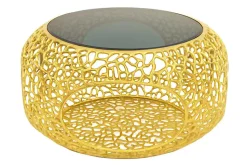 Runder Couchtisch SPIN 75cm gold Schwarzglas Metall mit Stauraum handmade