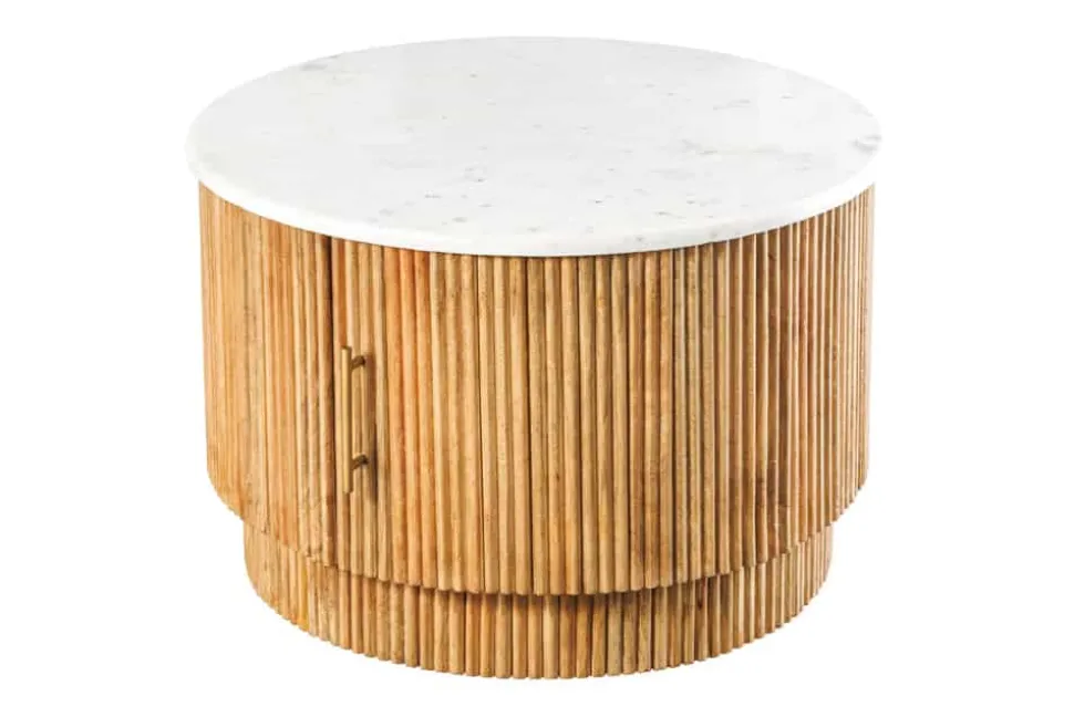 Runder Couchtisch TRES CHIC 60cm weiß Marmor natur Mangoholz mit Stauraum
