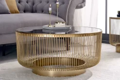 Runder Couchtisch VARIATION 80cm gold Metallgestell Schwarzglas Handarbeit