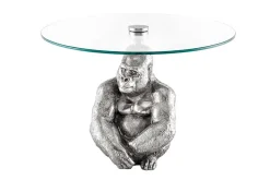 Runder Couchtisch WILDLIFE KONG 60cm silber Metall Glas Affenfigur Gorilla Skulptur handmade