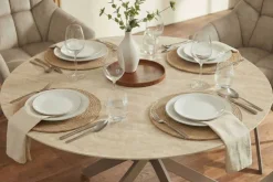 Runder Esstisch ALPINE 120cm natur Travertin Keramik champagner greige Metall