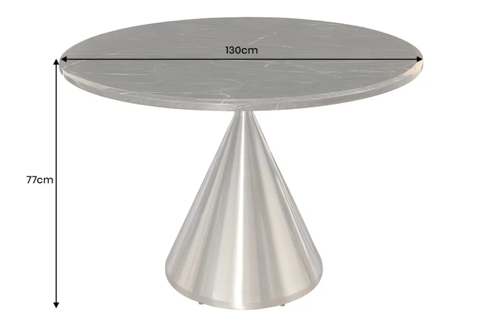 Runder Esstisch ELEGANCIA 130cm schwarz Marmor chrom Stahl mit Säulenfuß