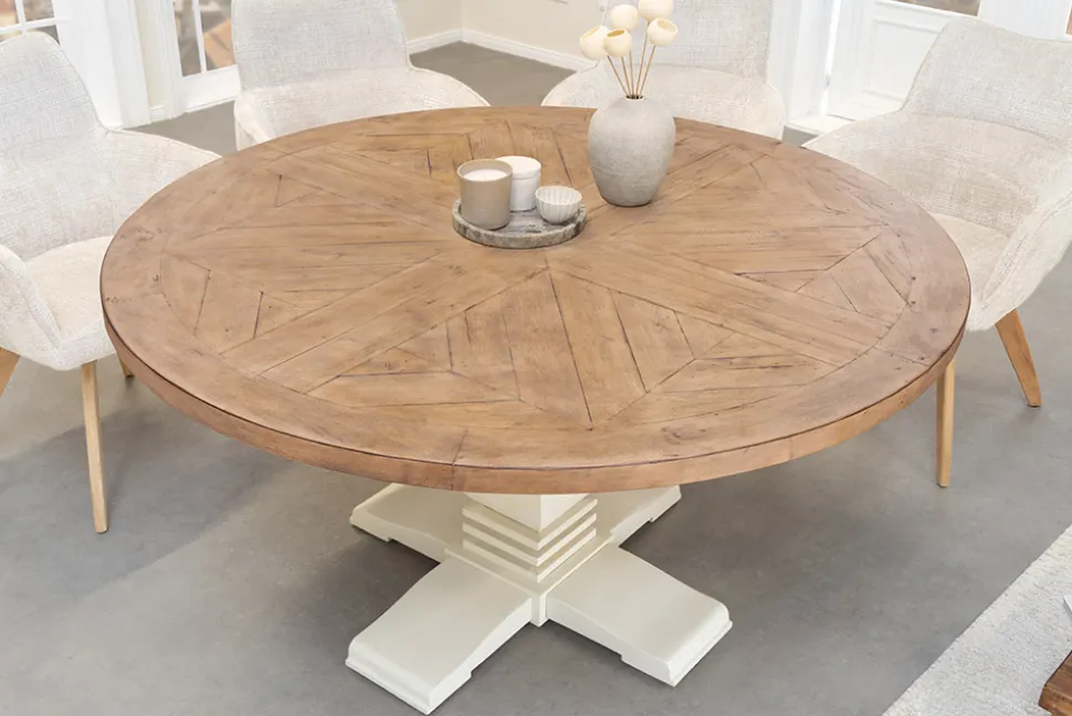 Runder Esstisch HAMPTONS 140cm hellbraun creme recycelte Pinie Massivholz
