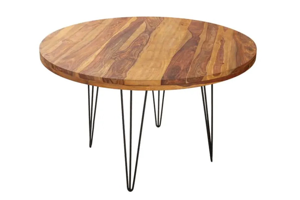 Runder Esstisch MAKASSAR 120cm braun Sheesham Massivholz stone finish Hairpin Legs