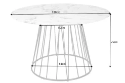 Runder Esstisch PARIS 120cm weiß Marmor-Design Glas schwarzes Metallgestell