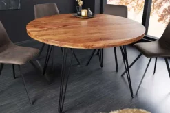 Runder Esstisch SCORPION 120cm Akazie natur Massivholz Hairpin Legs Retro Design