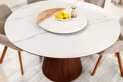 Runder Esstisch UNIQUE 120cm weiß braun Walnussholz Keramik Marmor Säulenfuß