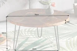 Runder Massivholz Couchtisch MOSAIK 70cm natur Teak Hairpin Legs schwarz Metall handmade