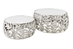 Rundes 2er Set Couchtische ABSTRACT LEAF 70cm weiß silber Marmor Metall Blatt-Design