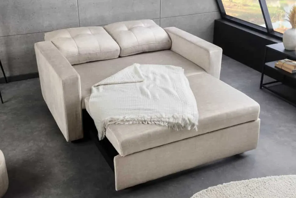 Sofa mit Schlaffunktion SMART 140cm champagner beige hochwertiger Vogue Seiden Samtstoff
