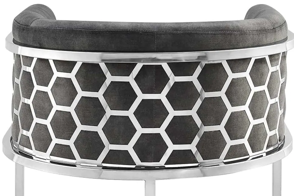 Stilvoller Barhocker ELEGANCE grau Samt silber Edelstahl mit Armlehne und Fußablage
