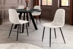 Stilvoller Stuhl GLAMM champagner beige Chenille Cremona mit Rauten-Steppung schwarz Metall