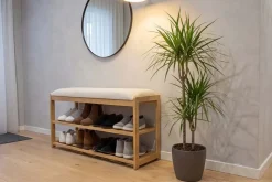 Stilvolle Schuhbank ZEN-BO 80cm natur beige Bambus Regal Sitzbank mit Stauraum