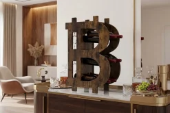 Stilvolles Weinregal BITCOIN 70cm natur Holzregal für 10 Flaschen und 4 Gläser