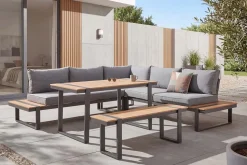 Wetterfestes Gartenmöbel Set TAMPA LOUNGE 250cm grau Aluminium inkl. Sitzbank Tisch Kissen