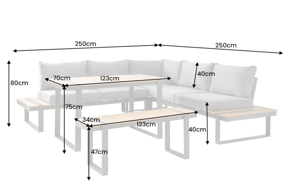 Wetterfestes Gartenmöbel Set TAMPA LOUNGE 250cm grau Aluminium inkl. Sitzbank Tisch Kissen