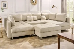 XXL Wohnlandschaft KENT 305cm champagner beige Vogue Velours Samt Federkern mit Hocker