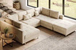 XXL Wohnlandschaft KENT 305cm champagner beige Vogue Velours Samt Federkern mit Hocker