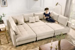 XXL Wohnlandschaft KENT 305cm champagner beige Vogue Velours Samt Federkern mit Hocker